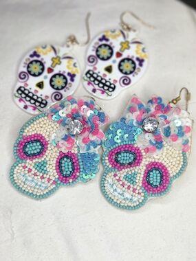 Set Of 2 - Beaded Sugar Skull Statement Earrings & Acrlic Sugar Skull Earrings